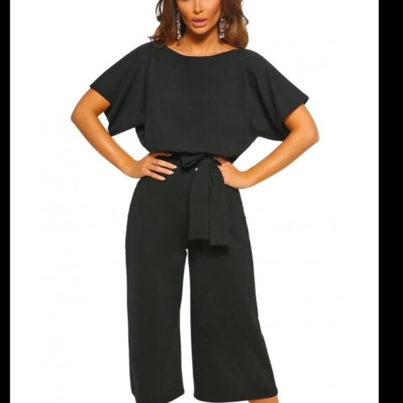 Black Classic Belted Culotte Jumpsuit - Picture 3 of 6